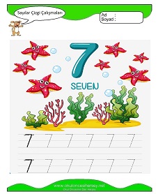 7 Rakamı Çizgi Çalışmaları Çalışma Sayfaları